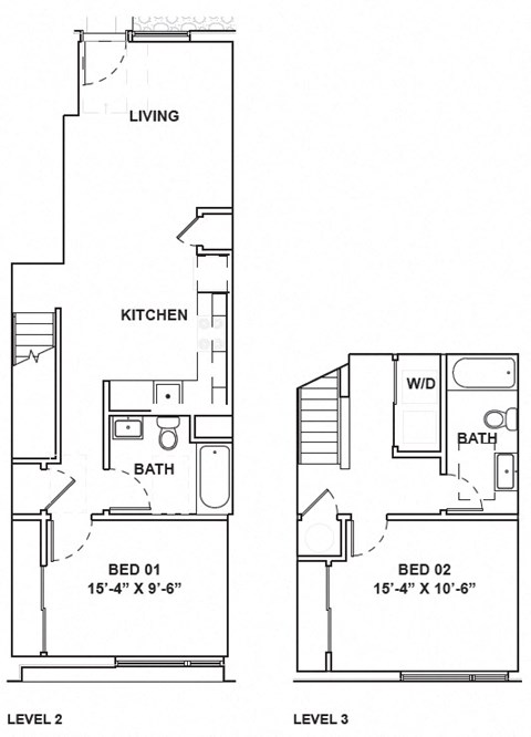 A drawing of a two level home with a living room, kitchen, bathrooms and two bedrooms.